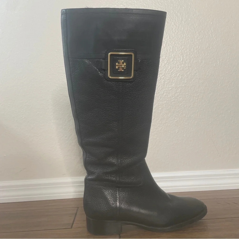 Tory Burch black grained leather riding boots zip up knee high boots vintage